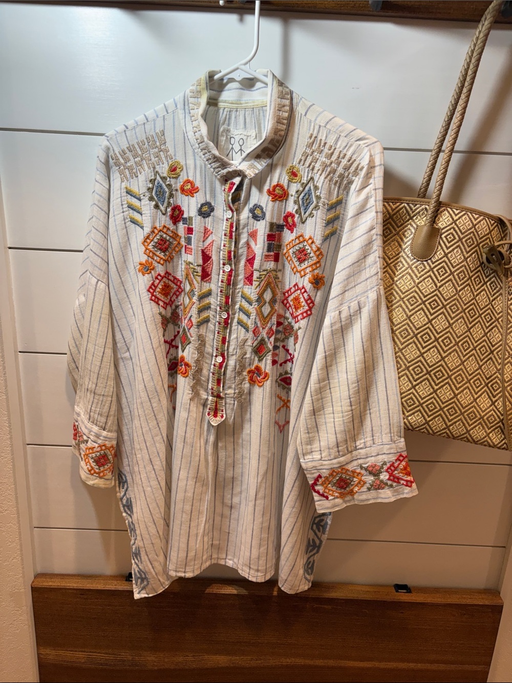 Johnny Was White Pinstripe Linen Cotton Blend Multicolor Embroidery XL